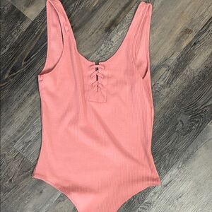 Double Zero Ribbed Lace-Up Bodysuit in Coral Pink